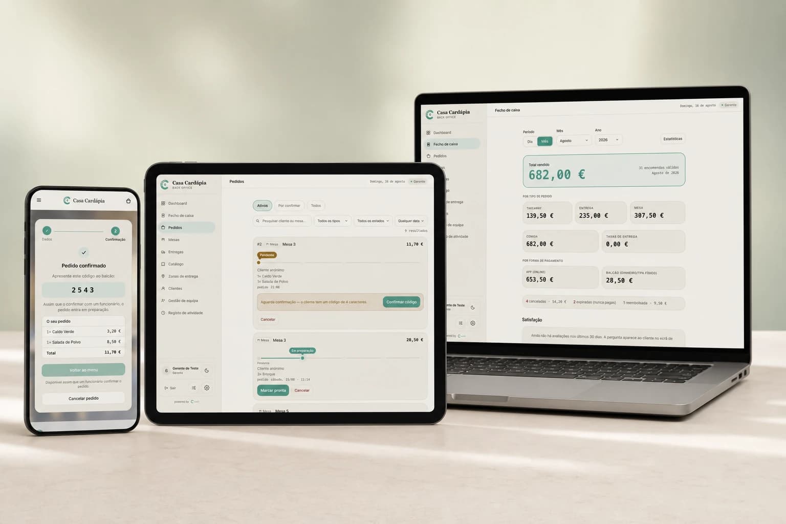 O mesmo pedido na Casa Cardápia visualizado no telemóvel do cliente, no tablet do passe e no portátil da gestão