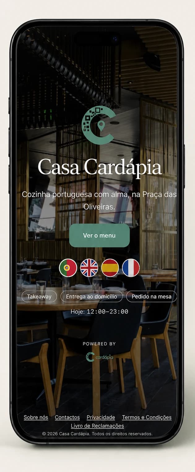 Telemóvel a apresentar a página inicial da Casa Cardápia